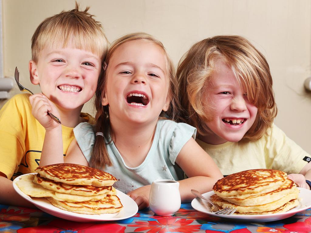 L-R Siblings Tristan Shaw 6, Imogen Shaw 4 and William Shaw 8 the children of Rev. Victor Shaw are ready with some pancakes to celebrate Shrove Tuesday.  St George's church in Battery Point is holding a pancake and soup night on Shrove Tuesday.  Picture: NIKKI DAVIS-JONES