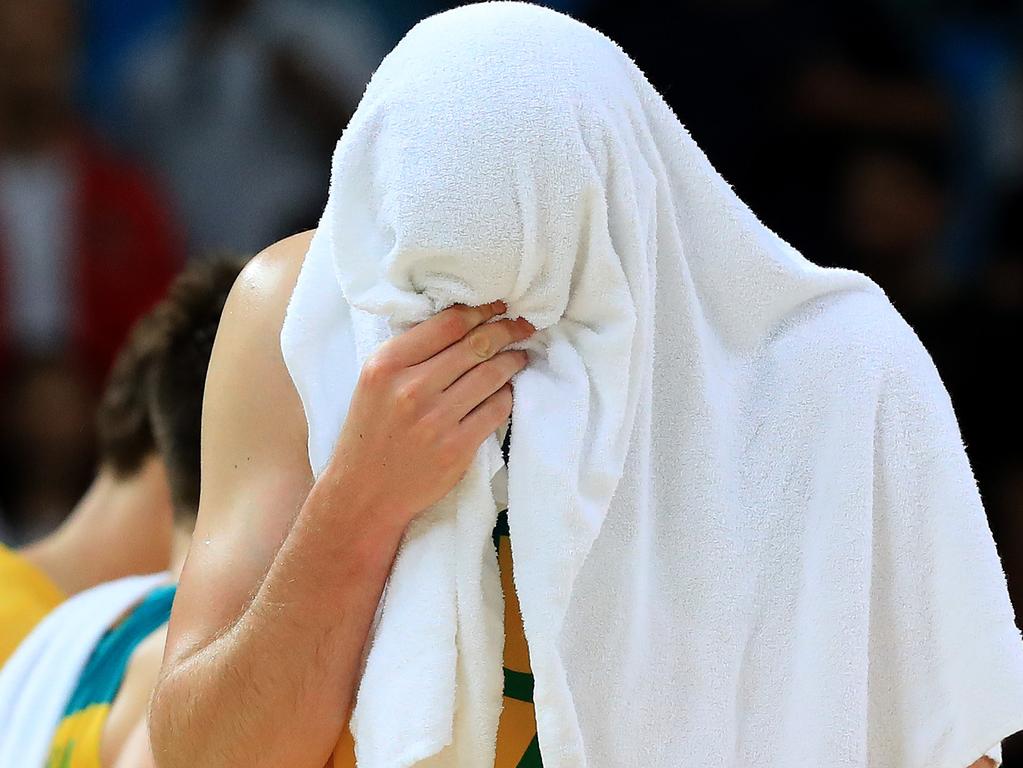 Joe Ingles after the heartbreaking loss in the men's basketball bronze medal game at the Rio Olympics. Picture: Adam Head