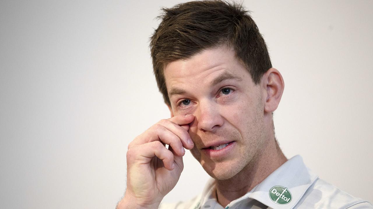 A tearful Tim Paine steps down as Australian Test captain last November. Picture: Chris Kidd