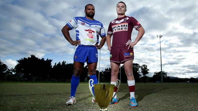 Seahawks skipper Rob Apanui with his Burleigh counterpart Marino Allen ahead of the 2015 decider. Picture: Tim Marsden