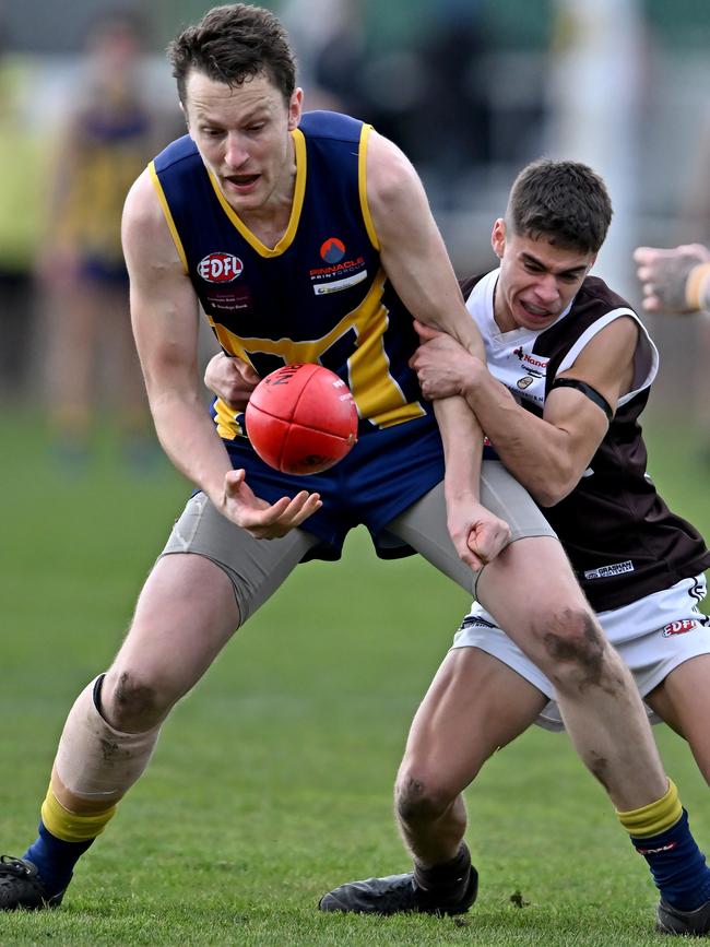 EDFL: Rupertswood’s Jorden Braddy has his arm pinned. Picture: Andy Brownbill