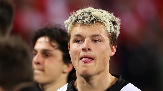 SYDNEY, AUSTRALIA - SEPTEMBER 17: Jack Ginnivan of the Magpies looks dejected after defeat during the AFL Second Preliminary match between the Sydney Swans and the Collingwood Magpies at Sydney Cricket Ground on September 17, 2022 in Sydney, Australia. (Photo by Mark Kolbe/AFL Photos/via Getty Images)