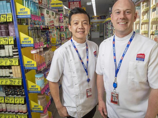 Chemist Warehouse Pharmacist Manager James Kocharunchitt and Tasmania State Manager Warren Lucas in the new store store at Rosny.  Picture: Chris Kidd