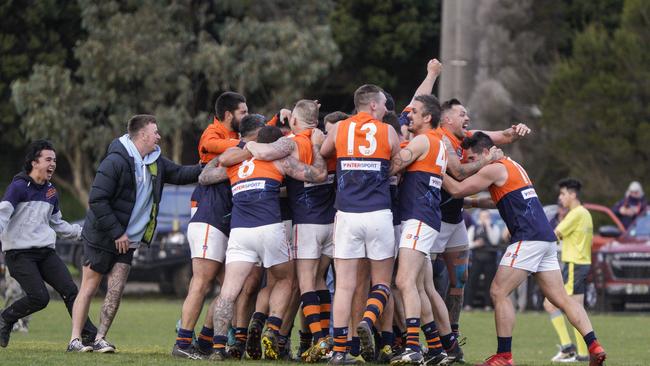 Southern league Division 4 footy grand final: Frankston Dolphins v Lyndhurst. Lyndhurst players celebrate their win. Picture: Valeriu Campan