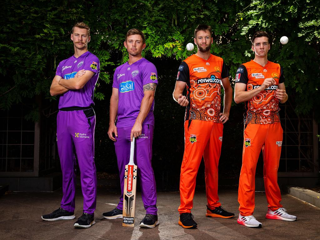 Ready for battle are (L-R) Hobart Hurricanes pair Riley Meredith and Ben McDermott, and Perth Scorchers duo AJ Tye and Jhye Richardson. Picture: Mark Stewart