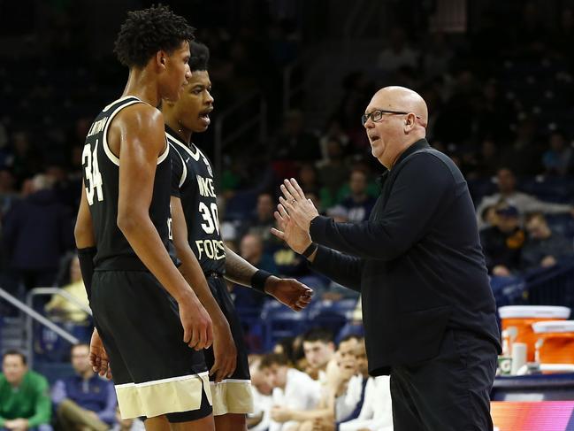 Bobi Klintman and former Wake Forest teammate Damari Monsanto take instruction from coach Steve Forbes in February. Picture: Icon Sportswire/Getty Images