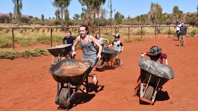 Family fun: Competitors in a wheelbarrow race at the Uluru Camel Cup in Central Australia. Picture: AAP Image