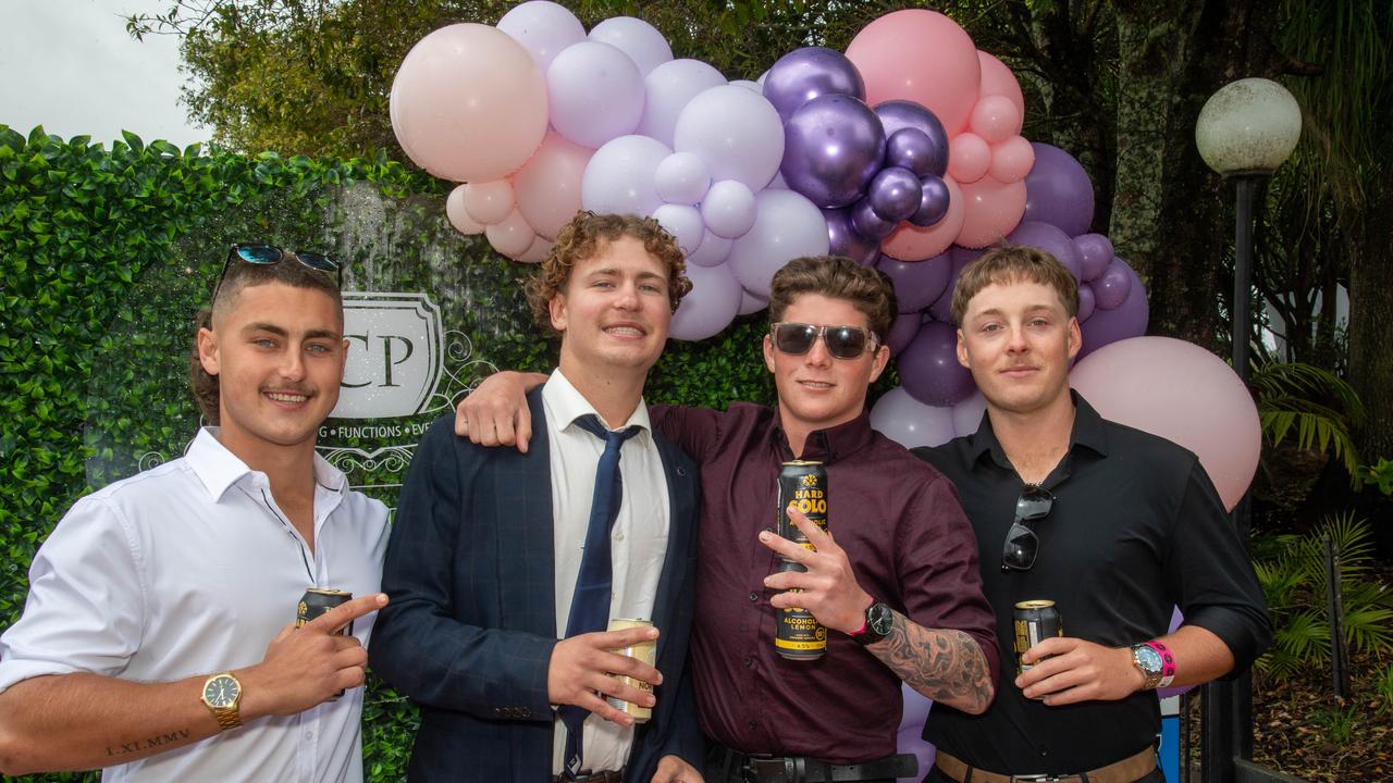 (From left) Hunter Warrington, Blake Beyer, Isaac Wickham and Jessie Hardwick. Weetwood Raceday at Toowoomba Turf Club. Saturday, September 28, 2024. Picture: Nev Madsen.