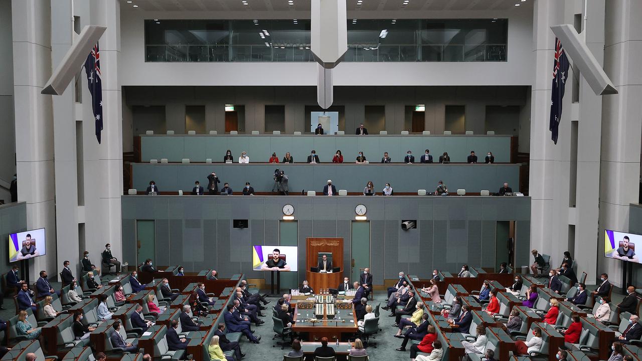 A crowded chamber as Volodymyr Zelenskyy addresses Australia’s Parliament. Picture: NCA NewsWire / Gary Ramage