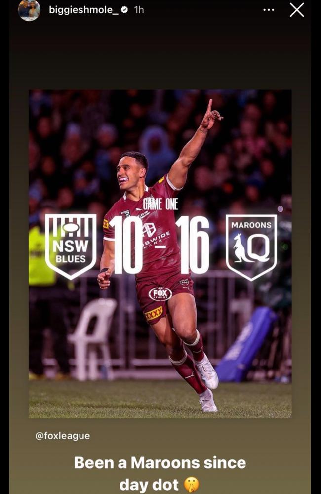 Haumole Olakau'atu's Instagram post following Queensland's win over NSW in the opening State of Origin game in 2022, a post he has since labelled “childish”. Picture: Instagram