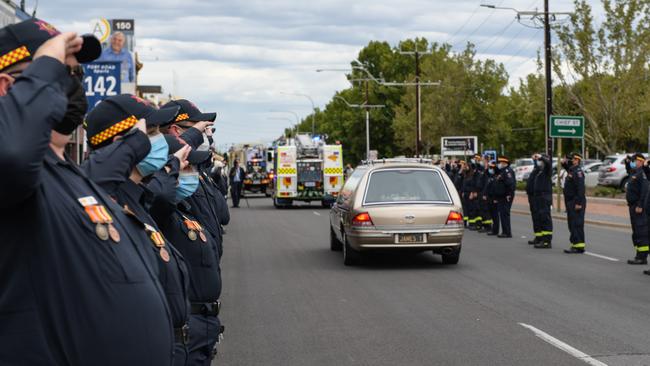 Louise Hincks is taken from the funeral at Adelaide Entertainment Centre on Tuesday. Picture: Greg Adams/CFS