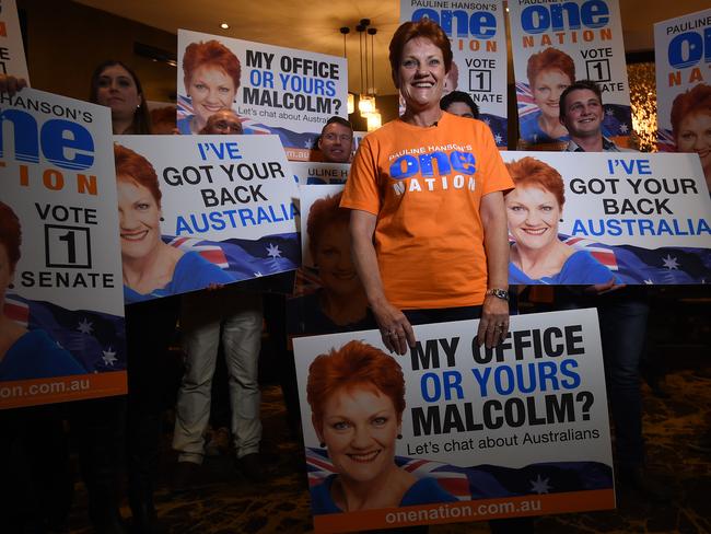 One Nation's Pauline Hanson smiles during a live television cross at her election-night function in Ipswich, west of Brisbane, Saturday, July 2, 2016. Ms Hanson last held office as the federal member for Oxley in 1998. (AAP Image/Dan Peled) NO ARCHIVING