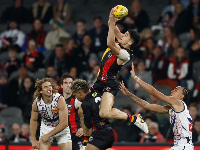 Anthony Caminiti takes a big mark against the Dockers on Saturday night. Picture: Michael Willson/AFL Photos