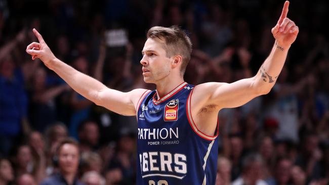 Adelaide 36ers star Nathan Sobey celebrates during the NBL semi-finals match against the Perth Wildcats in Adelaide on Saturday. AAP Image/Kelly Barnes