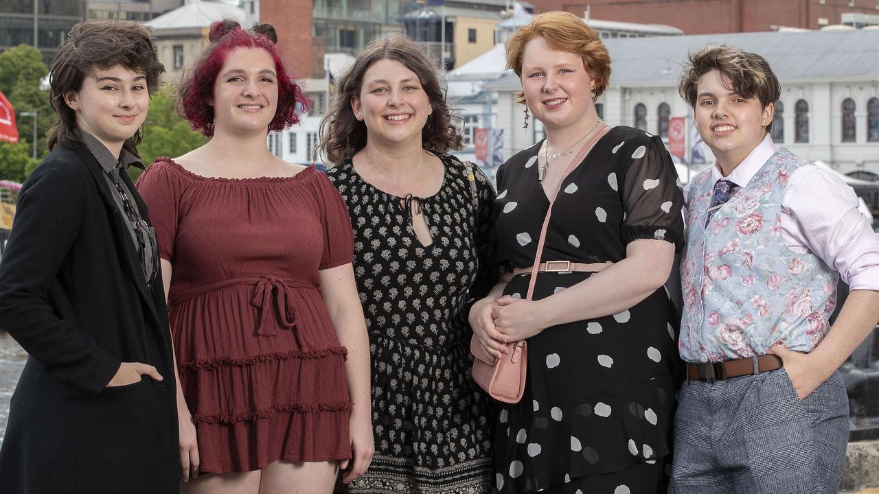 Hobart College leavers Dinner 2021 at the Hobart Function and Conference Centre, Evie Shipway, Helena Whitworth, Liz Maxwell, Maeve Kelly and Max Hawk. Picture: Chris Kidd