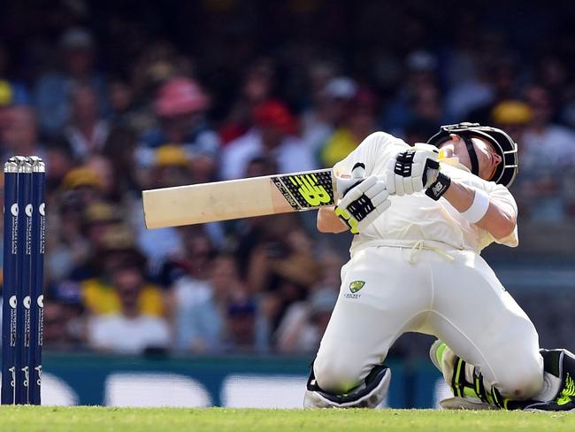 Smith avoids a Chris Woakes bouncer.