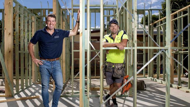 Jade Sheedy (left) with his brother Justin Sheedy on a building site in Goodwood for their company Sheedy Homes. Picture: Naomi Jellicoe