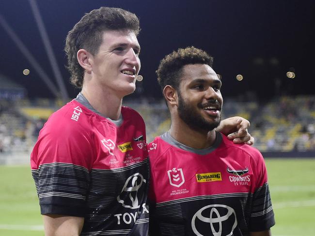 Ben Condon pictured with teammate Hamiso Tabuai-Fidow after his NRL debut in 2020. (Photo by Ian Hitchcock/Getty Images)