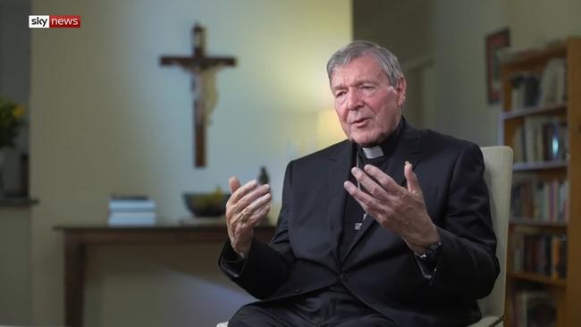 Cardinal George Pell being interviewed on Sky News following his exoneration on child sex charges. Picture: Sky News