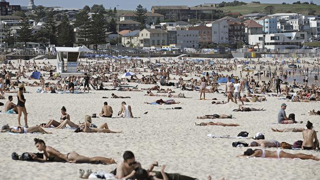 A packed Bondi Beach on Thuesday. Picture: Adam Yip