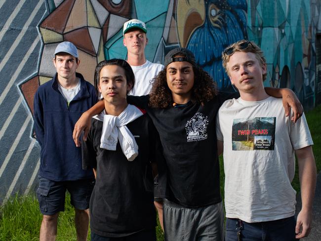 Mates of Oscar Valentin, who died in a tragic car accident and Angus Prior, who struggled to deal with the death of Oscar and took his own life. The Burdekin Association has helped guide the friends of the two boys. Left to right at the back are: Jacob Coster (21) and Sam Lock (21). Front left to right: Nick Llamas (20) Johan Fetlaar (22) Josh Banning (23) Pictures by Julian Andrews.