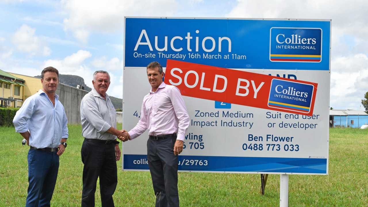 Pictured: Nutworks managing director Keith Ryan, centre, on site at Lot 12, Pioneer Rd, with Collier's International's Ben Flower and Nick Dowling at Yandina. Picture: Picasa