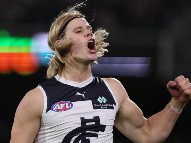 ADELAIDE, AUSTRALIA - MAY 30: Tom De Koning of the Blues celebrates a goal during the 2024 AFL Round 12 match between the Port Adelaide Power and the Carlton Blues at Adelaide Oval on May 30, 2024 in Adelaide, Australia. (Photo by James Elsby/AFL Photos via Getty Images)