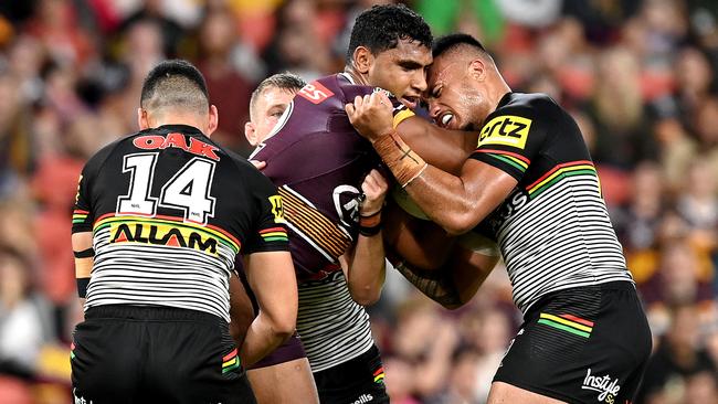 Tevita Pangai Jnr was hard to handle against the Panthers. Picture: Bradley Kanaris/Getty Images