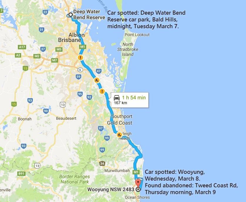 A map tracing Qld sightings and the discovery of missing man Samuel Thompson's Holden Mustang at Wooyung, Northern NSW. Picture: Contributed