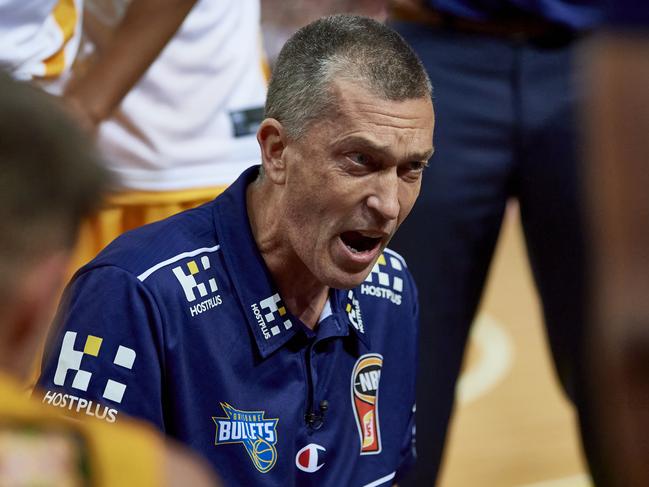 SYDNEY, AUSTRALIA - APRIL 03: Andrej Lemanis, coach of the Bullets speaks to players during the round 12 NBL match between the Sydney Kings and Brisbane Bullets at Qudos Bank Arena, on April 03, 2021, in Sydney, Australia. (Photo by Brett Hemmings/Getty Images)