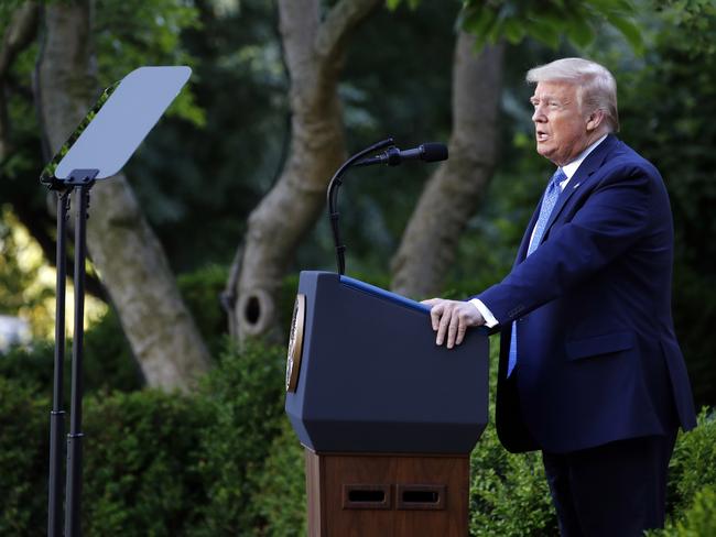 President Donald Trump speaks in the Rose Garden of the White House in Washington. Picture: AP