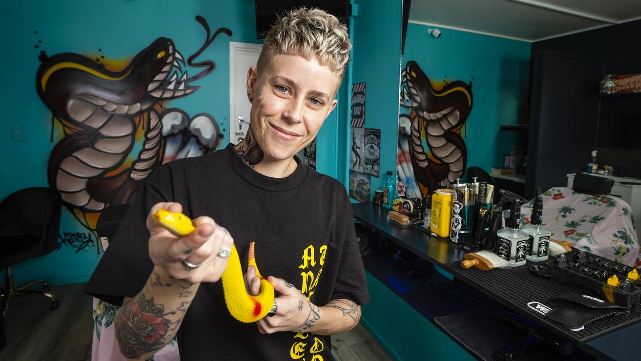 Rattlesnake Barbershop owner Sez Holborow in the West St shop, Monday, March 7, 2022. Picture: Kevin Farmer