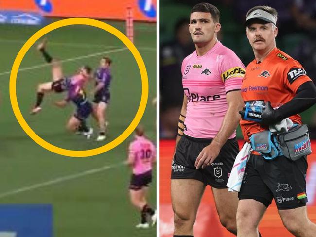 Nathan Cleary was ruled out after the hit. Photos: Fox Sports/Getty Images