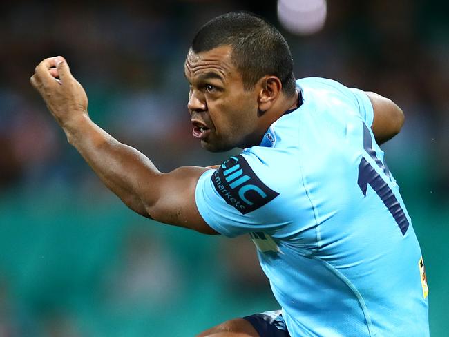 SYDNEY, AUSTRALIA - APRIL 20: Kurtly Beale of the Waratahs kicks during the round 10 Super Rugby match between the Waratahs and the Melbourne Rebels at the Sydney Cricket Ground on April 20, 2019 in Sydney, Australia. (Photo by Cameron Spencer/Getty Images)