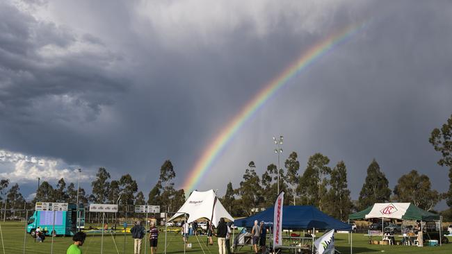 A rainbow appears after a storm briefly interrupted the 2021 Postle Gift Raceday at Club Pittsworth, Saturday, October 30, 2021. Picture: Kevin Farmer