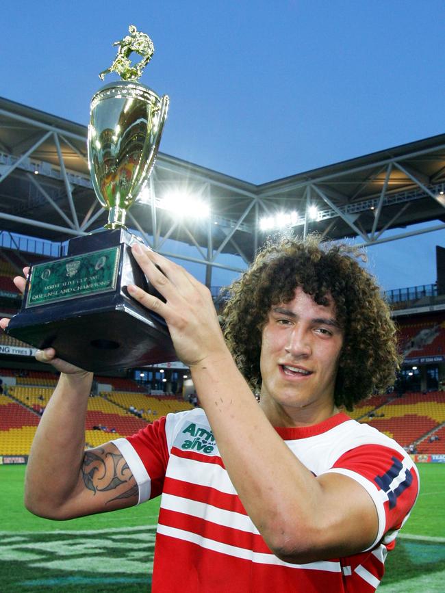 Arrive Alive Cup Queensland State final betwen Palm Beach Currumbin and St Brendans College at Suncorp Stadium. PBC Captain Kevin Proctor with the winning trophy. Reporter Adam Gardini