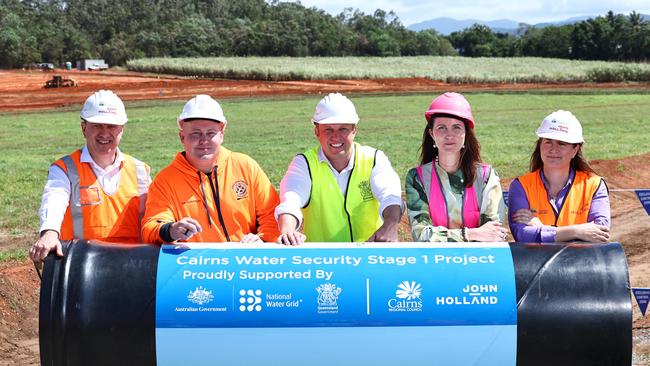 John Holland executive general manager Rob Evans, former Member for Mulgrave Curtis Pitt, former premier Steven Miles, Cairns mayor Amy Eden and Queensland senator Nita Green at the site of the Cairns Water Security Project Stage 1 Project construction site, north of Gordonvale. Picture: Brendan Radke