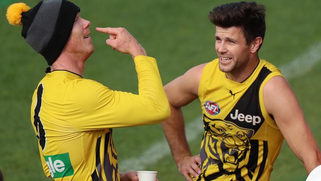 A relaxed Jack Riewoldt and Trent Cotchin at Richmond training. Picture: Alex Coppel