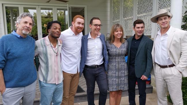 Peter Farrelly, Jermaine Fowler, Andrew Santino, Steve Dimopoulos, Caroline Pitcher, Zac Efron and John Cena on the set of Ricky Stanicky.