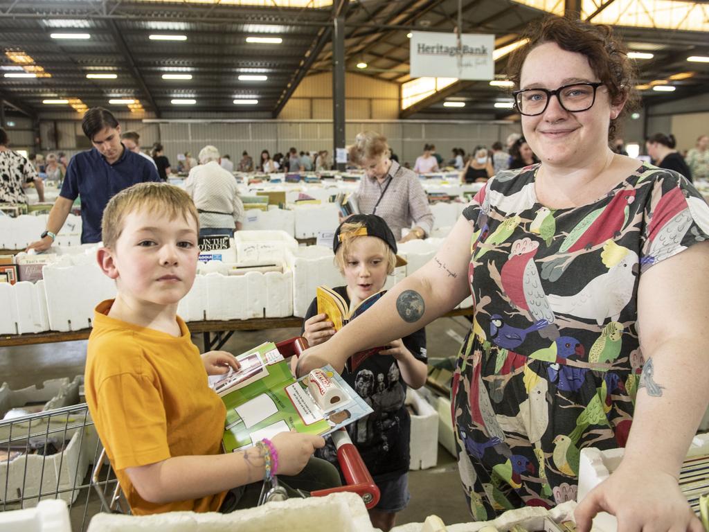 (from left) Leon, Louis and Rhi Johnson at the Chronicle Lifeline Bookfest 2022. Saturday, March 5, 2022. Picture: Nev Madsen.