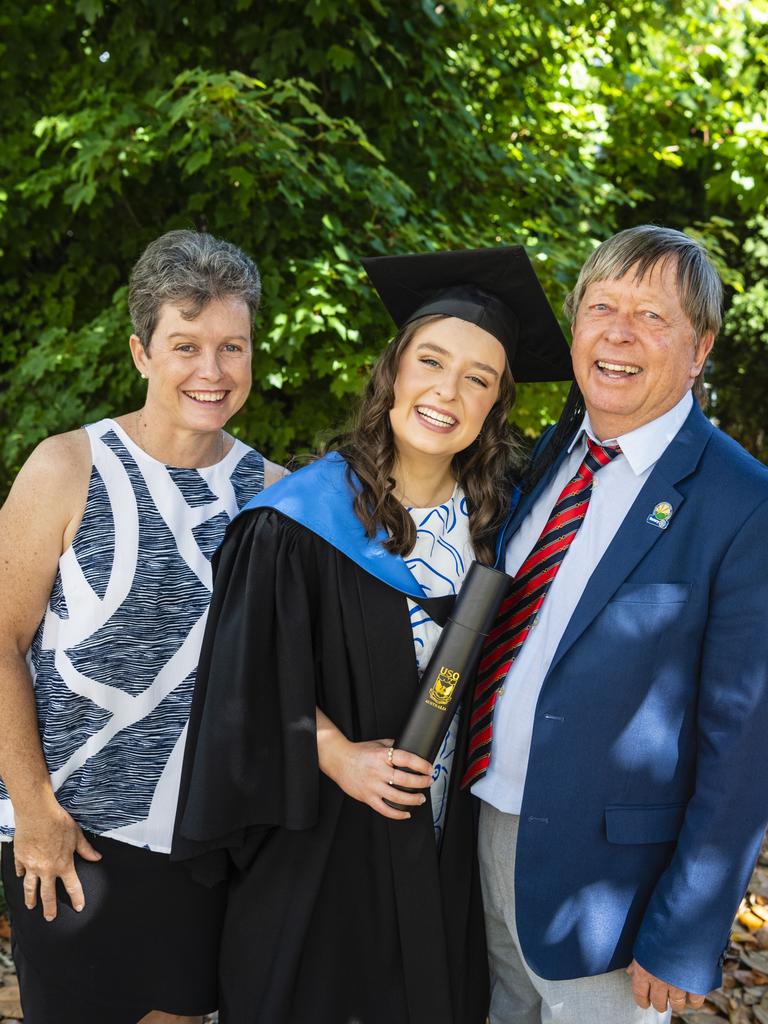 Bachelor of Nursing graduate Abi Birrell with parents Clare and Dave Birrell at UniSQ graduation ceremony at Empire Theatres, Wednesday, December 14, 2022.