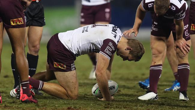 Manly's Tom Trbojevic injures his hamstring during the Manly Sea Eagles v Canberra Raiders NRL match at Campbelltown Stadium, Sydney. Picture: Brett Costello