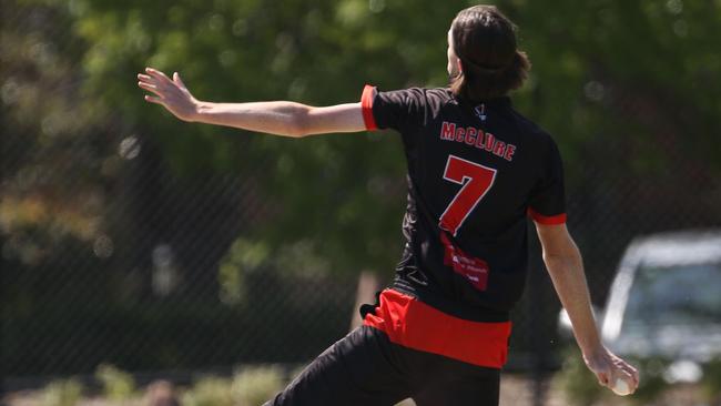 Essendon fast bowler Cam McClure in action. Picture: Stuart Milligan