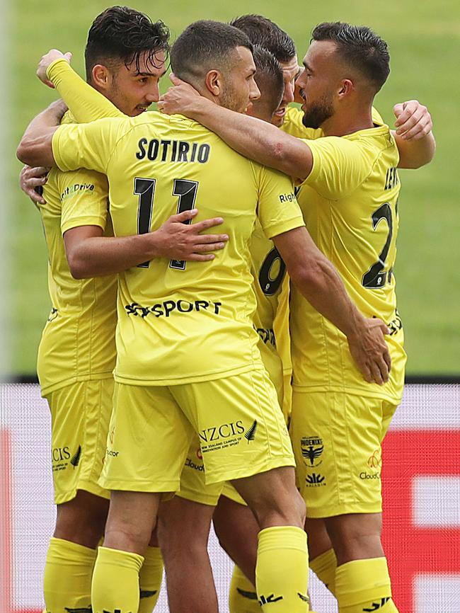 Mirza Muratovic of the Phoenix celebrates scoring the goal with team-mates. Picture: Getty Images
