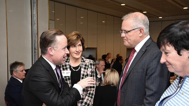 Qantas CEO Alan Joyce and Suncorp chair Christine McLoughlin speak to Prime Minister Scott Morrison as BCA CEO Jennifer Westacott looks on. Picture: Margin Call.