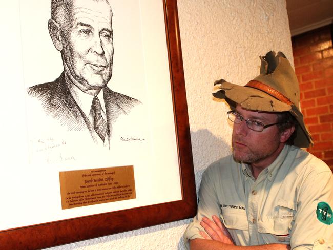 Tim the Yowie Man with a portrait of ex-PM Ben Chifley at the Hotel Kurrajong. Picture: Brad Watts