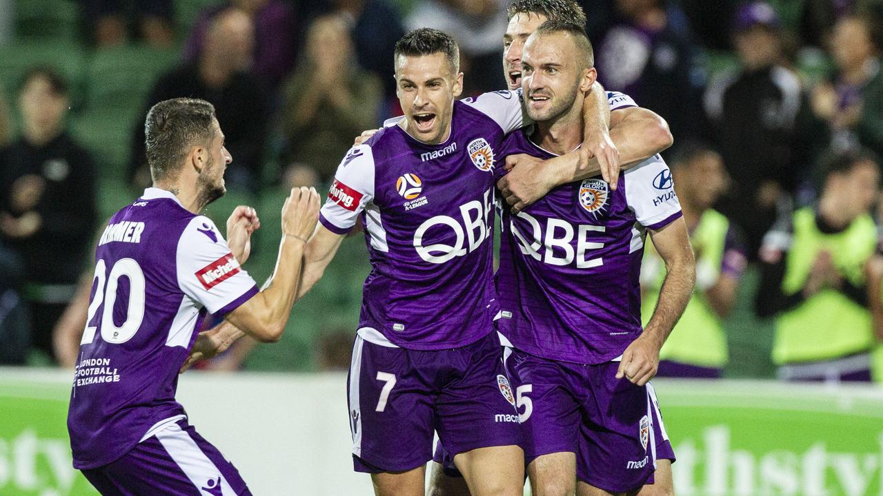 Glory celebrate a goal during the Round 25 A-League match between Perth Glory and the Newcastle Jets at HBF Park in Perth, Sunday, April 14, 2019. (AAP Image/Tony McDonough) NO ARCHIVING, EDITORIAL USE ONLY
