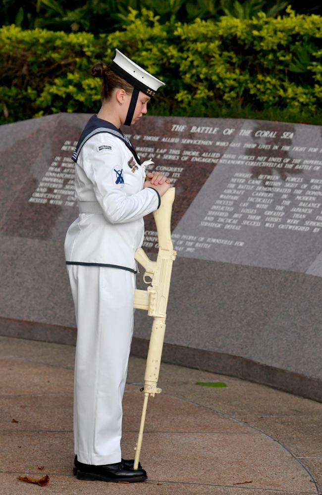 Dawn Service at Anzac Park for 83rd commemoration of Battle of Coral Sea. Part of the catafalque party from TS Coral Sea. Picture: Evan Morgan