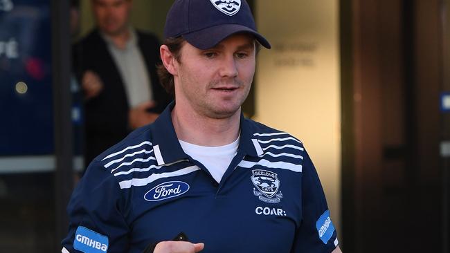 Patrick Dangerfield of the Geelong Cats leaves Simonds Stadium in Geelong, Monday, July 31, 2017. Dangerfield was today offered a one match suspension by the AFL match review panel for a tackled which left Carlton's Matthew Kreuzer concussed. (AAP Image/Julian Smith) NO ARCHIVING