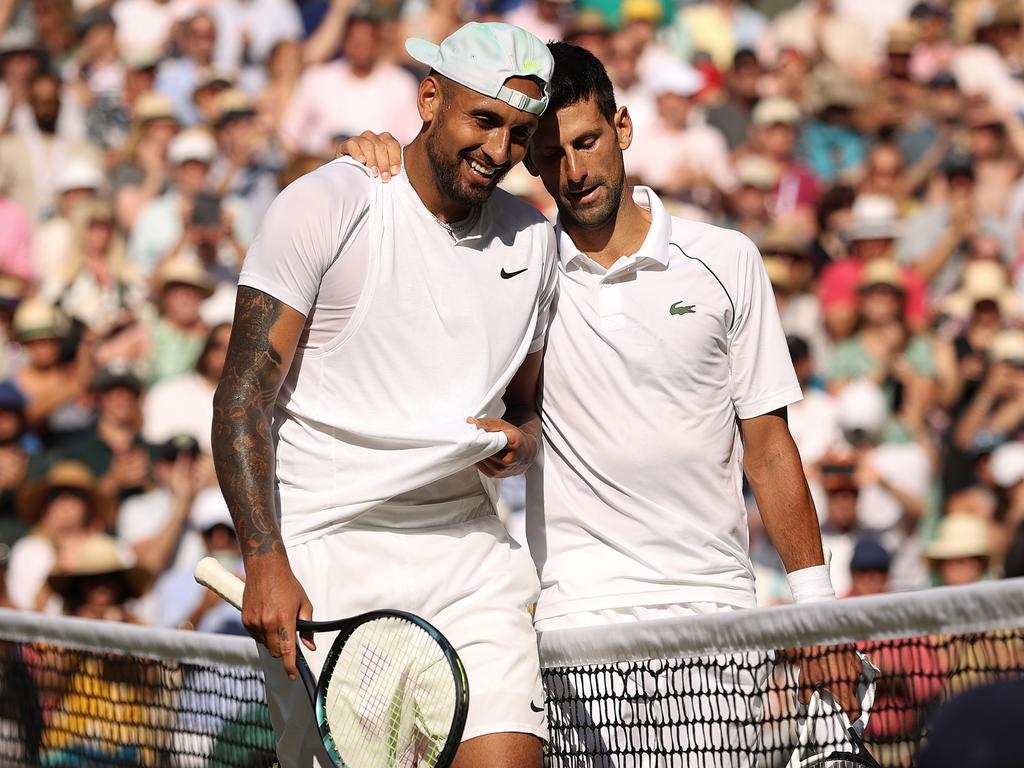 Novak Djokovic of Serbia (R) congratulates Nick Kyrgios following their Men's Singles Final at The Championships Wimbledon 2022. Picture: Ryan Pierse/Getty Images